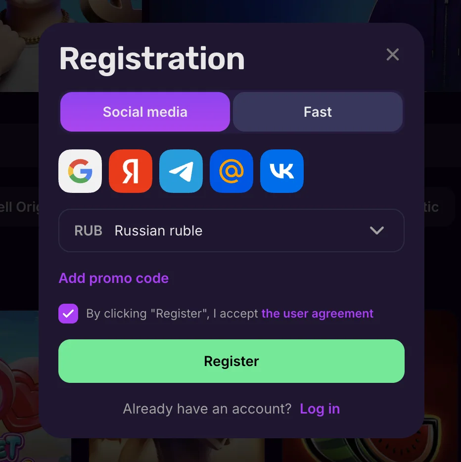 Меллстрой Казино - регистрация через социальные сети